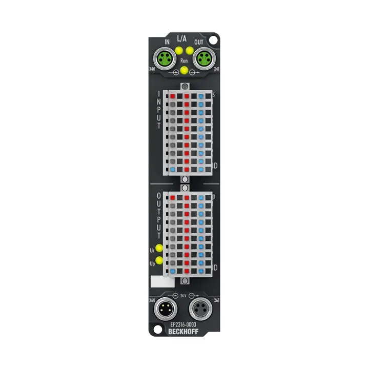 EP2316-0003 | EtherCAT Kutusu, 8 kanallı dijital giriş + 8 kanallı dijital çıkış, 24 V DC, 10 µs, 0,5 A, IP20 konektör
