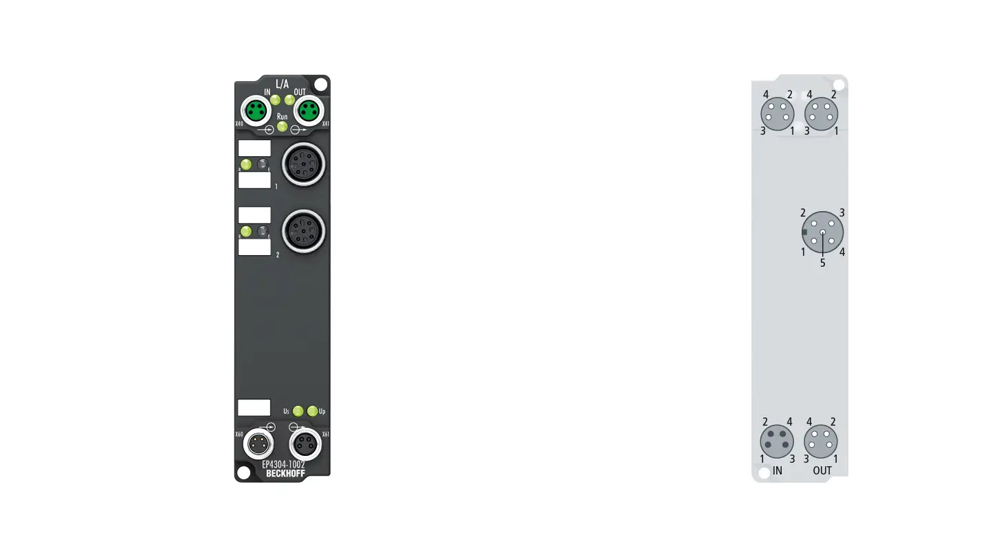 EP4304-1002 | EtherCAT Kutusu, 2 kanallı analog giriş + 2 kanallı analog çıkış, gerilim, ±10 V, 16 bit, tek uçlu, M12, 2 x dijital giriş 24 V DC