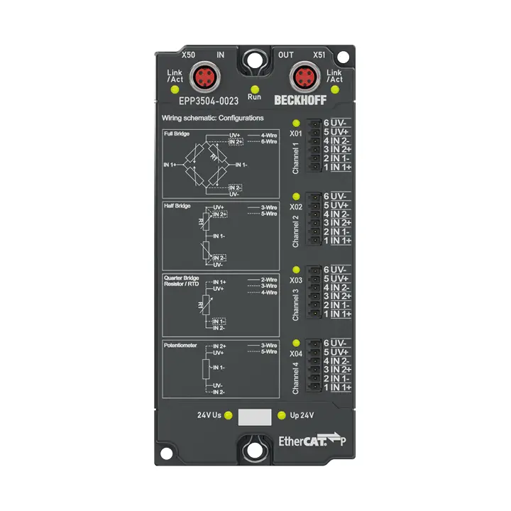 EPP3504-0023 | EtherCAT P Kutusu, 4 kanallı analog giriş, ölçüm köprüsü, tam/yarım/çeyrek köprü, 24 bit, 10 ksps, IP20 konektör